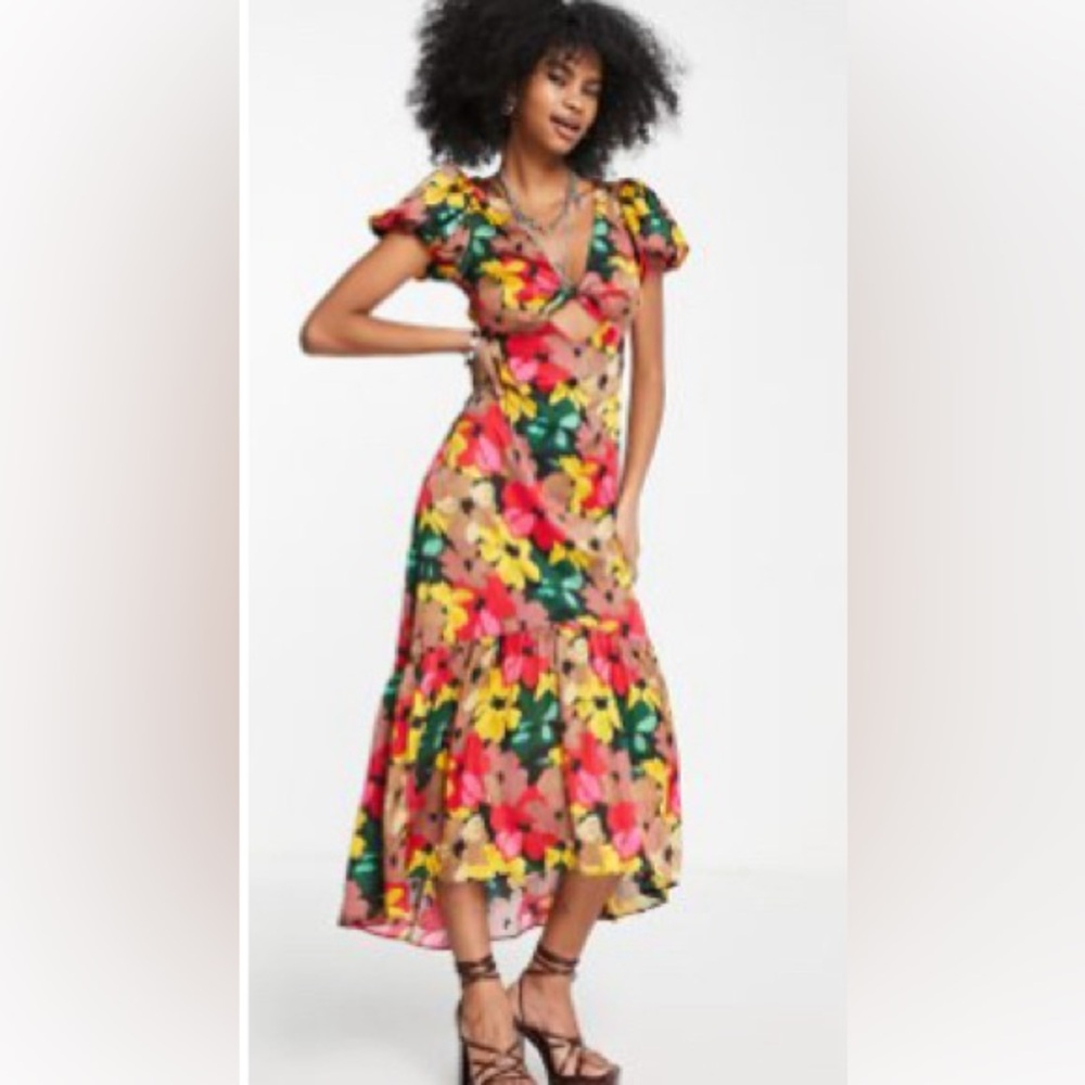 Topshop bold floral tie front midi dress in multicolor